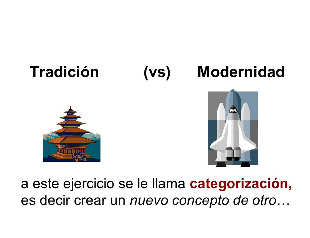 Tradición (vs) Modernidad a este ejercicio se le llama categorización, es decir crear un nuevo concepto de otro…