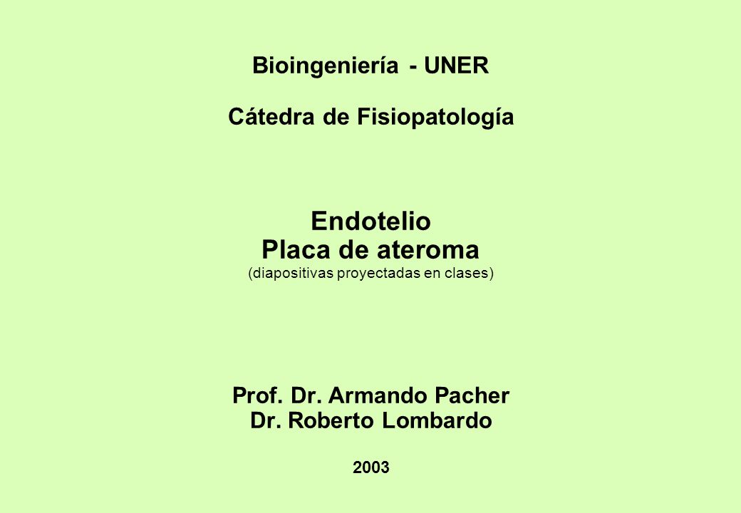 Bioingeniería - UNER Cátedra de Fisiopatología Endotelio Placa de ateroma (diapositivas proyectadas en clases) Prof.