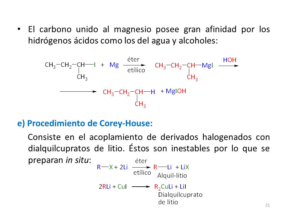 El carbono unido al magnesio posee gran afinidad por los hidrógenos ácidos como los del agua y alcoholes: