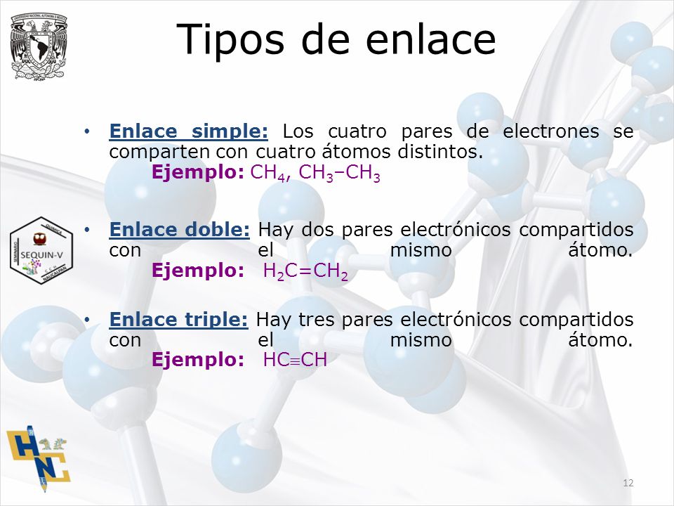 Tipos de enlace Enlace simple: Los cuatro pares de electrones se comparten con cuatro átomos distintos. Ejemplo: CH4, CH3–CH3.