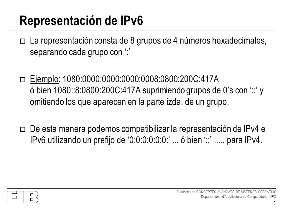 Representación de IPv6 La representación consta de 8 grupos de 4 números hexadecimales, separando cada grupo con ‘:’