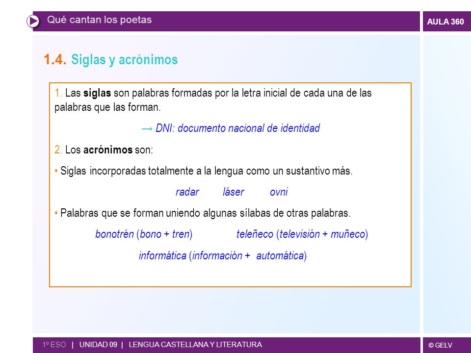 Qué cantan los poetas 1.4. Siglas y acrónimos. 1. Las siglas son palabras formadas por la letra inicial de cada una de las palabras que las forman.