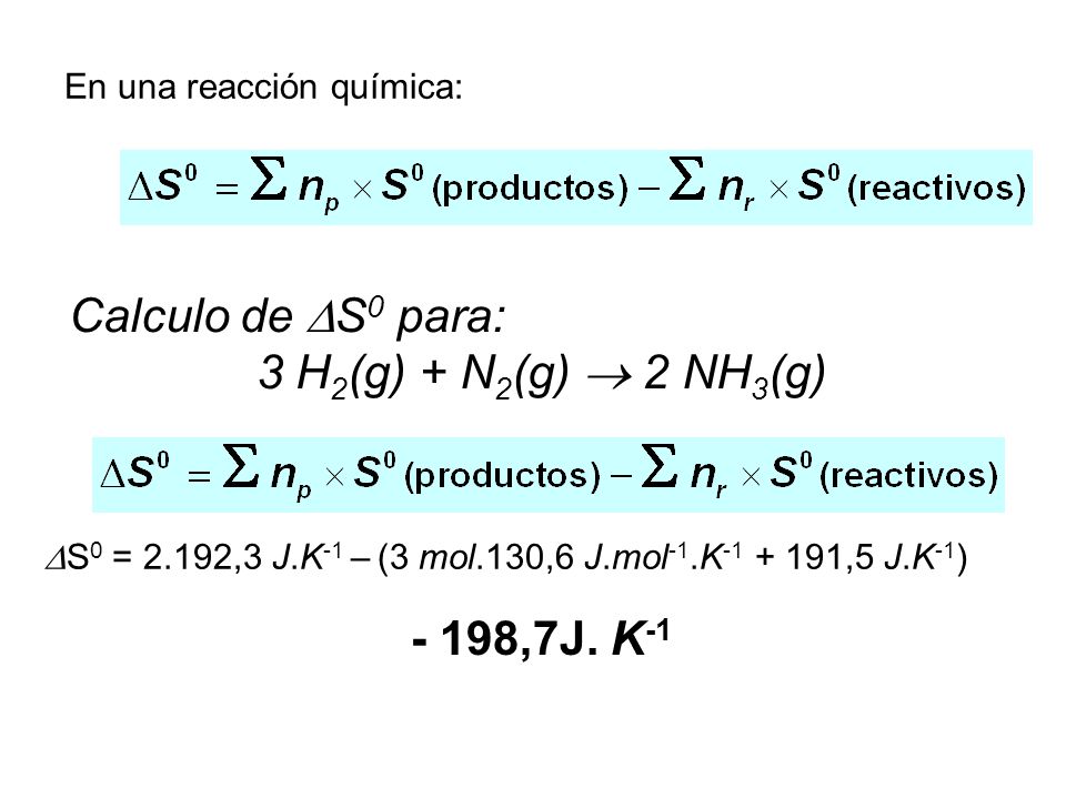 Calculo de S0 para: 3 H2(g) + N2(g)  2 NH3(g) - 198,7J. K‑1