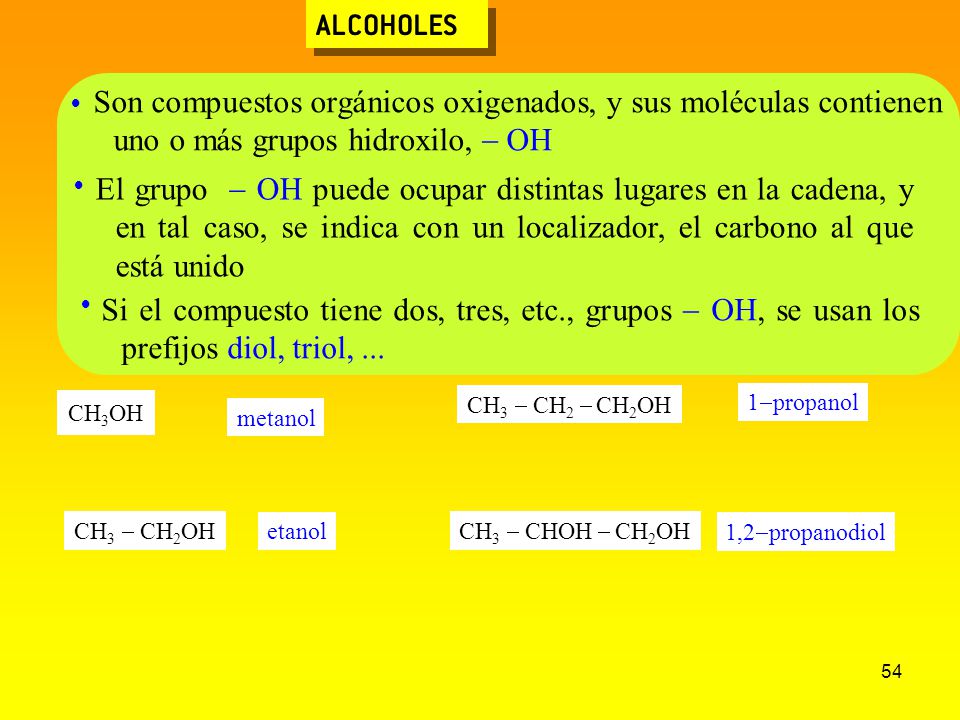 ALCOHOLES  Son compuestos orgánicos oxigenados, y sus moléculas contienen uno o más grupos hidroxilo, - OH.