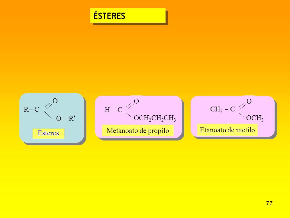 ÉSTERES R- C O O - R Ésteres H - C O OCH2CH2CH3 CH3 - C O OCH3