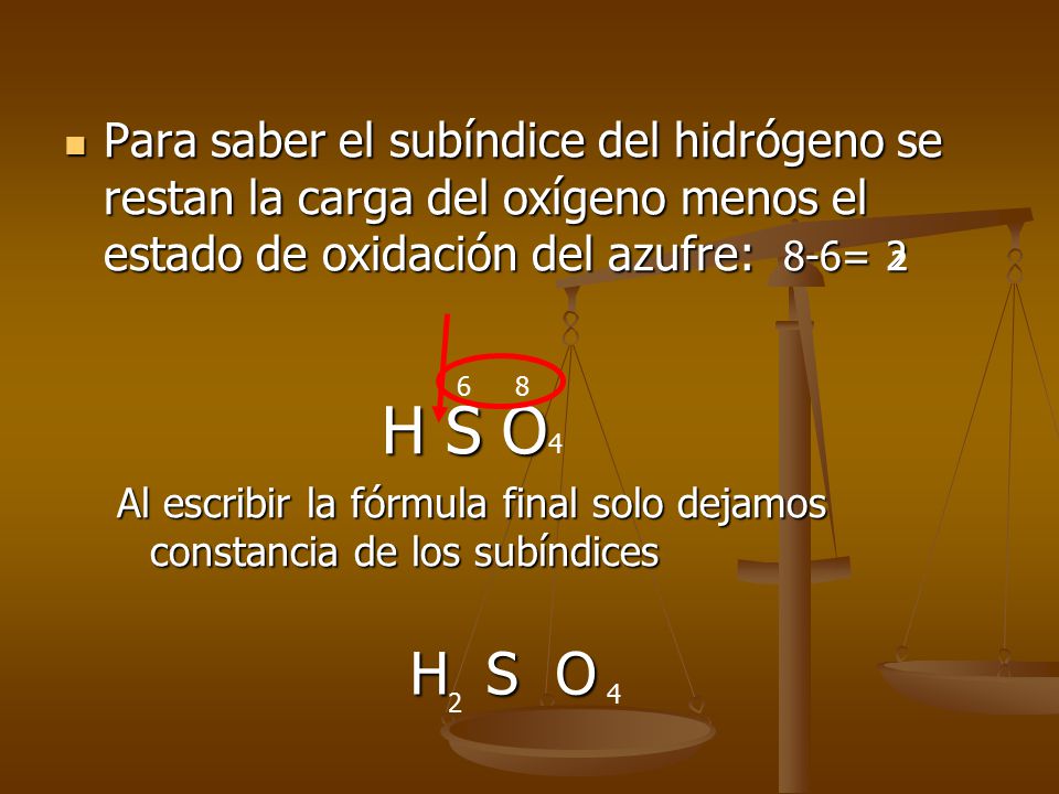 Para saber el subíndice del hidrógeno se restan la carga del oxígeno menos el estado de oxidación del azufre: 8-6= 2