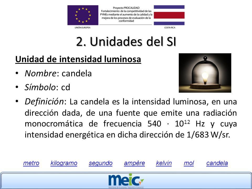 2. Unidades del SI Unidad de intensidad luminosa Nombre: candela