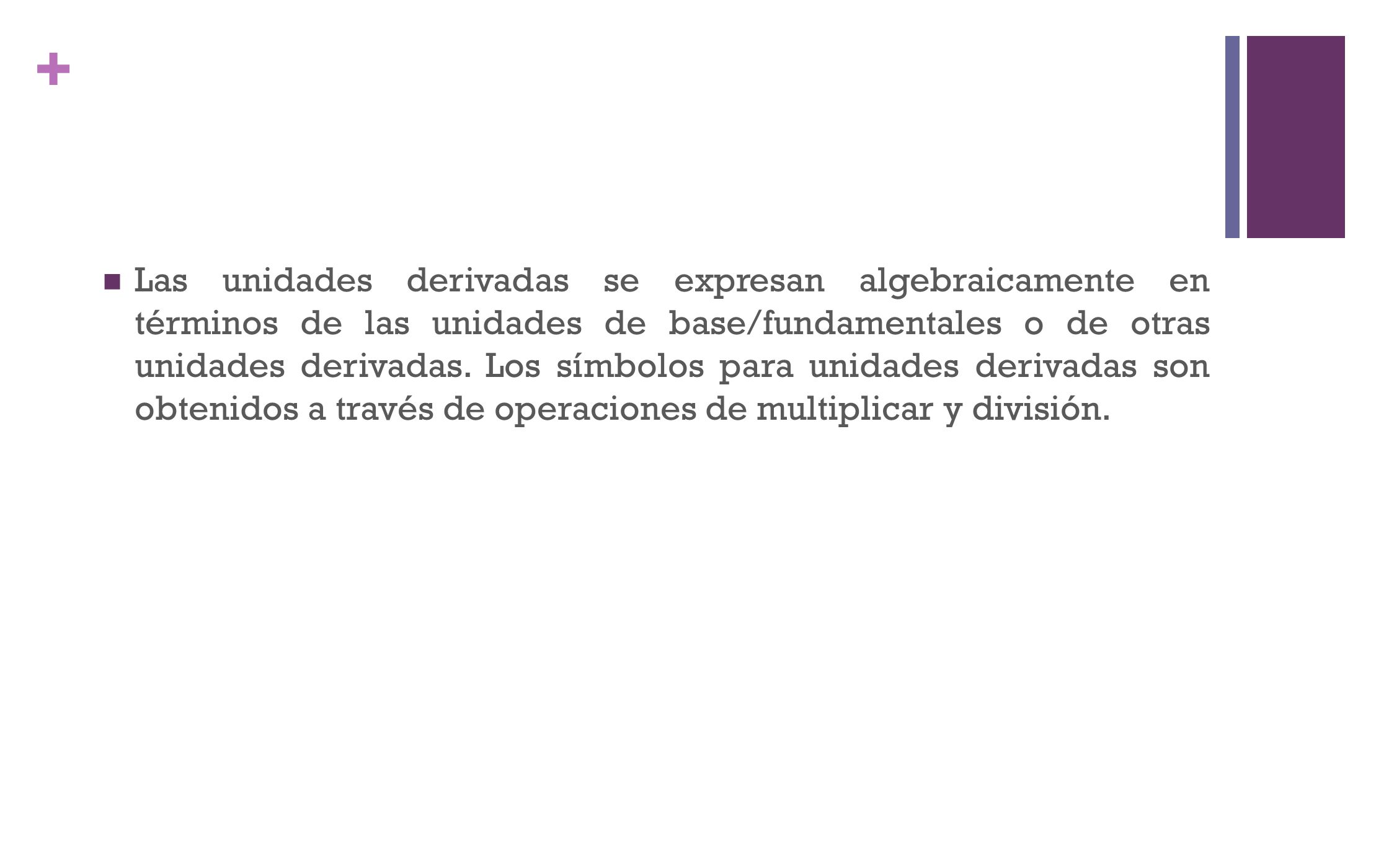 Las unidades derivadas se expresan algebraicamente en términos de las unidades de base/fundamentales o de otras unidades derivadas.