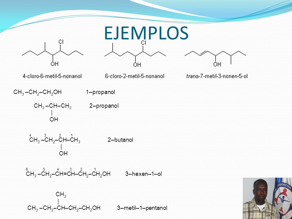 EJEMPLOS CH3 –CH2–CH2OH 1–propanol CH3 –CH–CH3 2–propanol | OH