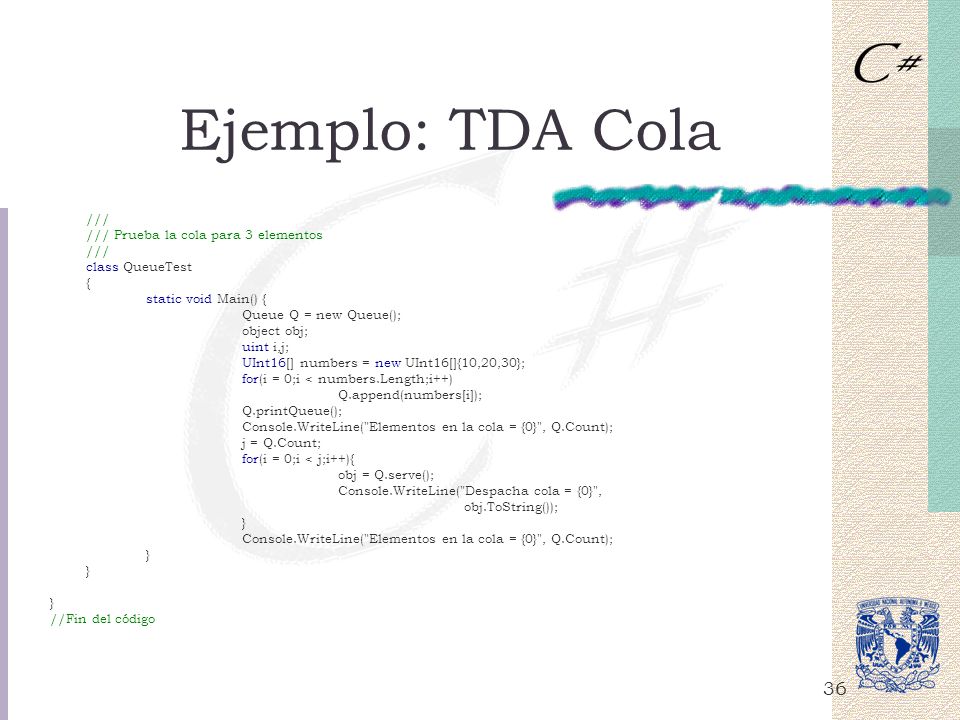 Ejemplo: TDA Cola /// /// Prueba la cola para 3 elementos