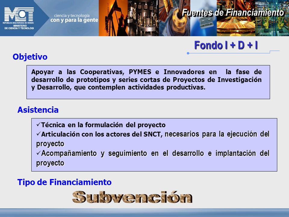 Fondo I + D + I Objetivo Asistencia Tipo de Financiamiento Subvención