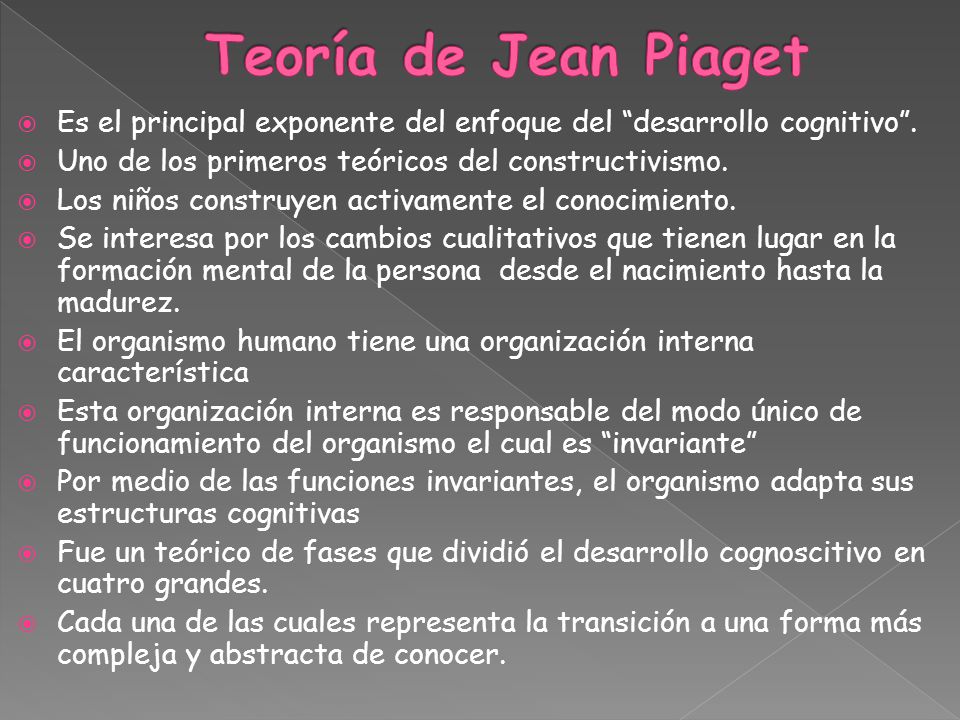 Teoría de Jean Piaget Es el principal exponente del enfoque del desarrollo cognitivo . Uno de los primeros teóricos del constructivismo.