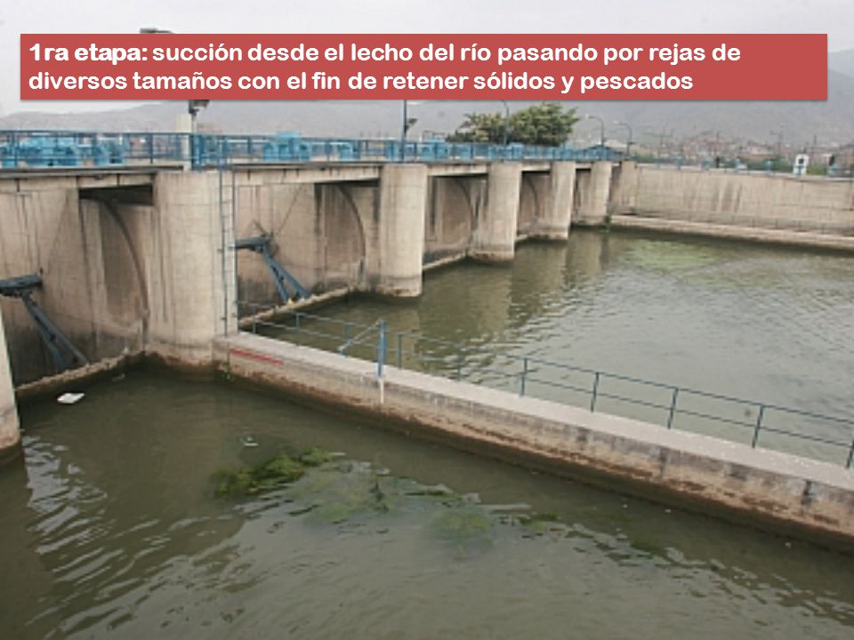 1ra etapa: succión desde el lecho del río pasando por rejas de diversos tamaños con el fin de retener sólidos y pescados