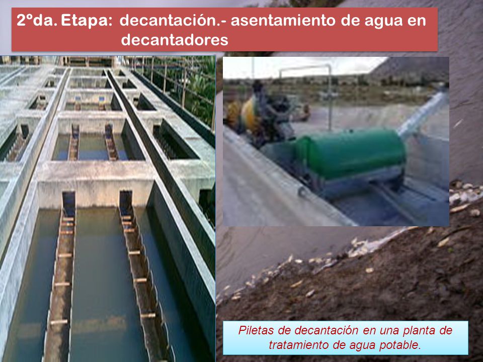 Piletas de decantación en una planta de tratamiento de agua potable.
