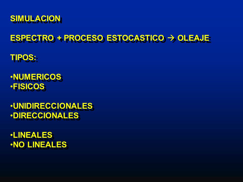 SIMULACION ESPECTRO + PROCESO ESTOCASTICO  OLEAJE. TIPOS: NUMERICOS. FISICOS. UNIDIRECCIONALES.