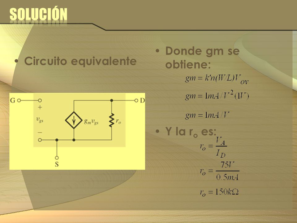Solución Donde gm se obtiene: Y la ro es: Circuito equivalente