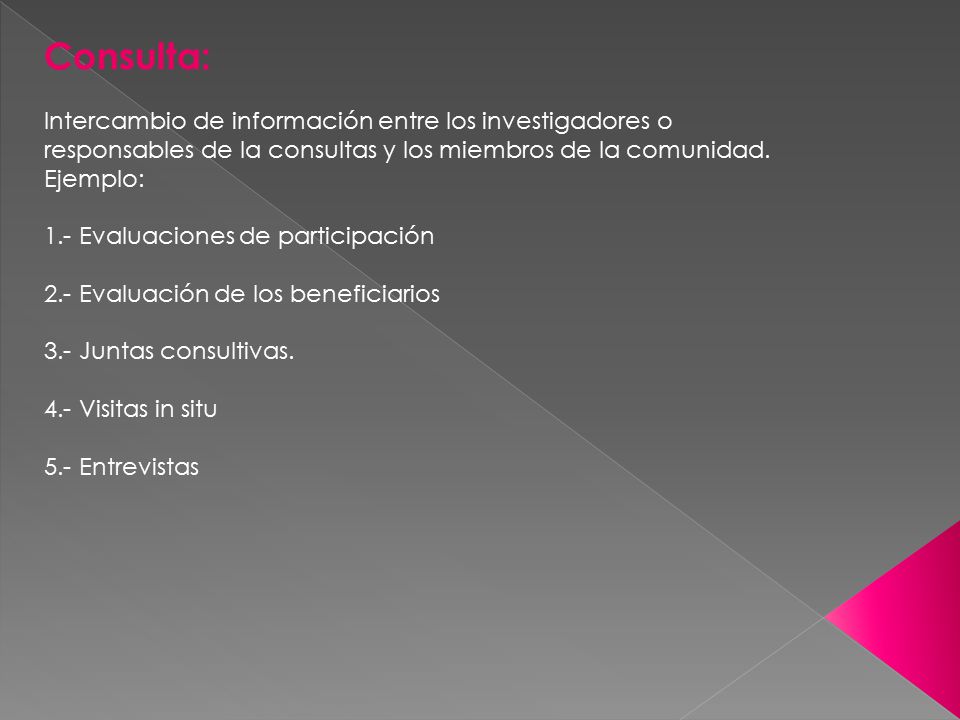 Consulta: Intercambio de información entre los investigadores o responsables de la consultas y los miembros de la comunidad. Ejemplo: