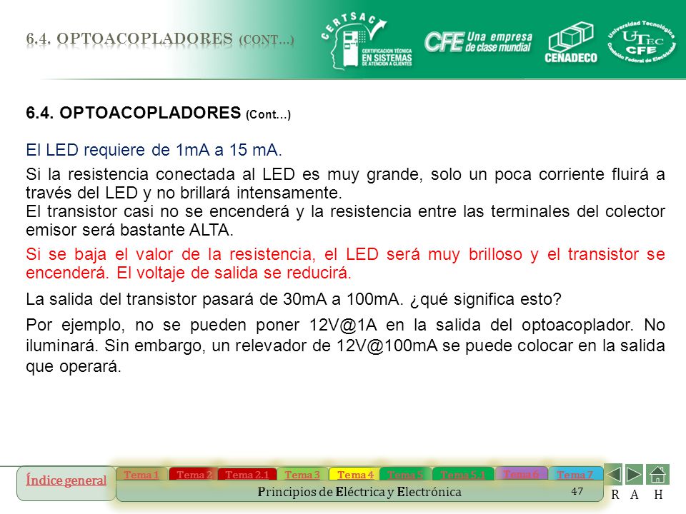 6.4. OPTOACOPLADORES (Cont…) El LED requiere de 1mA a 15 mA.