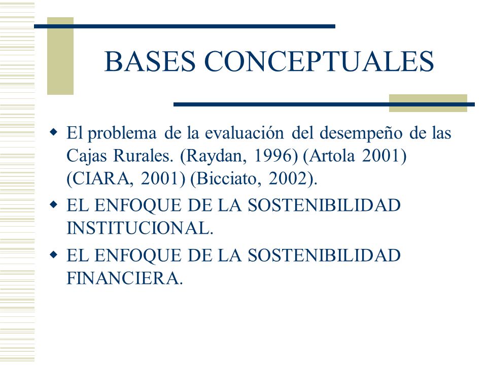 BASES CONCEPTUALES El problema de la evaluación del desempeño de las Cajas Rurales. (Raydan, 1996) (Artola 2001) (CIARA, 2001) (Bicciato, 2002).
