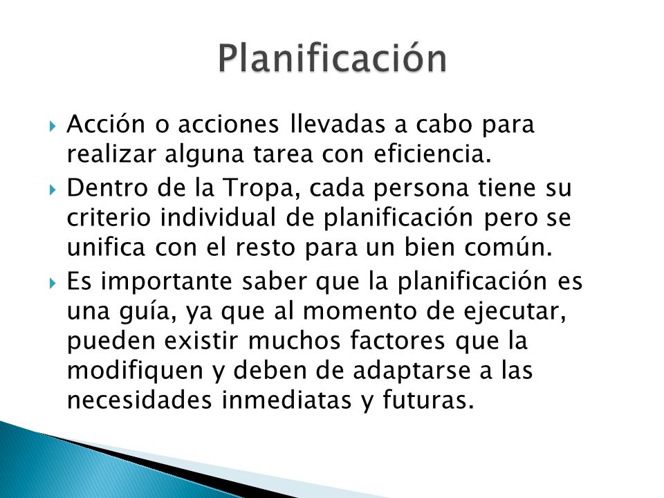 Planificación Acción o acciones llevadas a cabo para realizar alguna tarea con eficiencia.