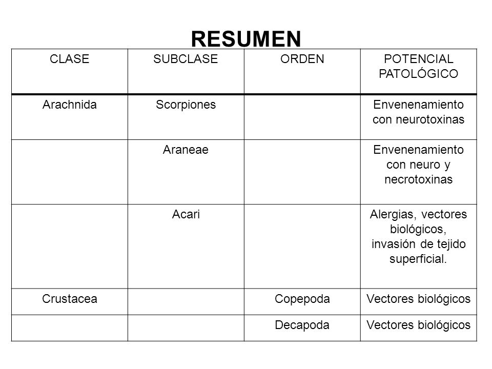 RESUMEN CLASE SUBCLASE ORDEN POTENCIAL PATOLÓGICO Arachnida Scorpiones