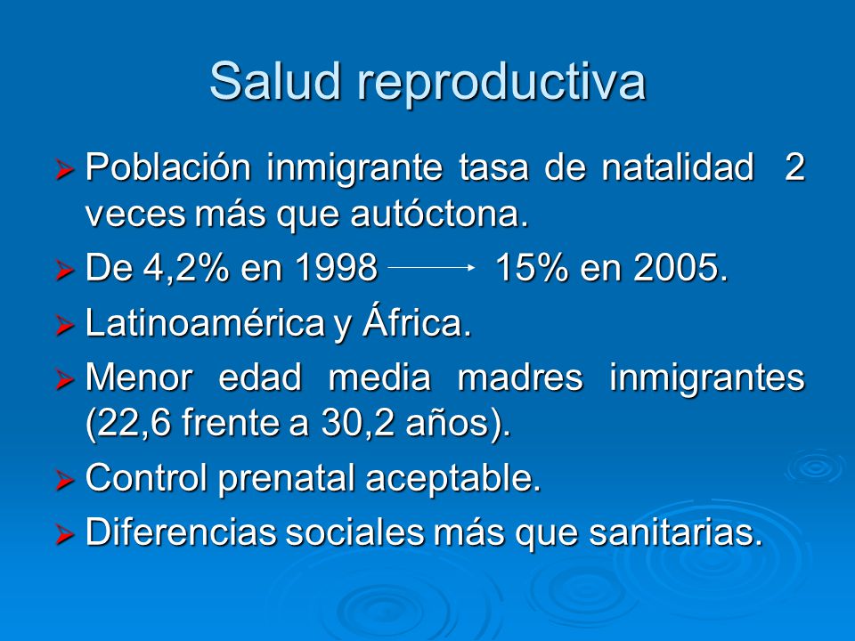 Salud reproductiva Población inmigrante tasa de natalidad 2 veces más que autóctona. De 4,2% en % en
