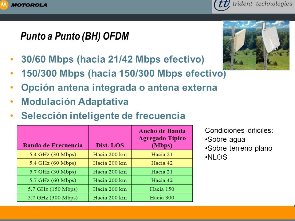Punto a Punto (BH) OFDM 30/60 Mbps (hacia 21/42 Mbps efectivo)