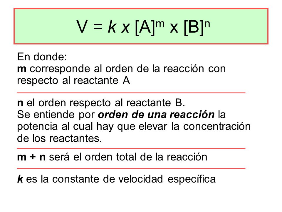 V = k x [A]m x [B]n En donde: m corresponde al orden de la reacción con respecto al reactante A.
