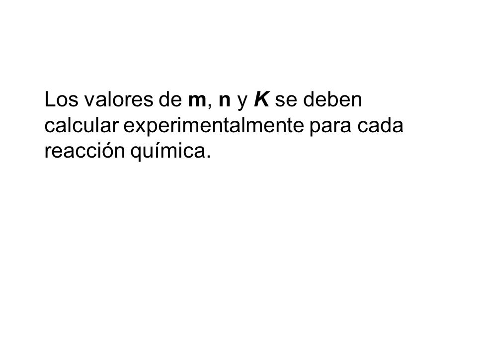 Los valores de m, n y K se deben calcular experimentalmente para cada reacción química.