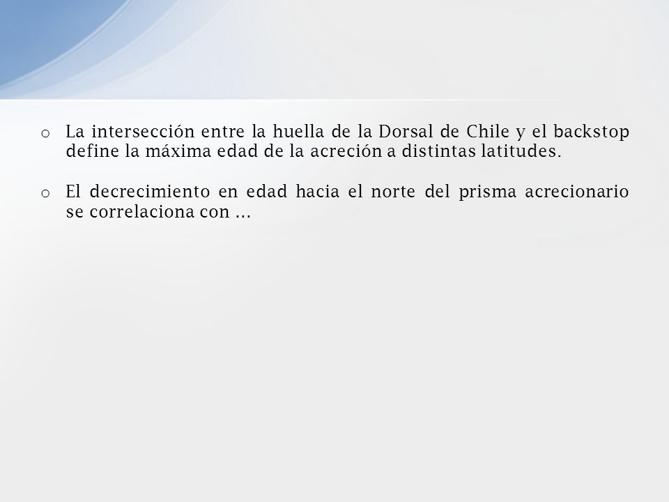 La intersección entre la huella de la Dorsal de Chile y el backstop define la máxima edad de la acreción a distintas latitudes.