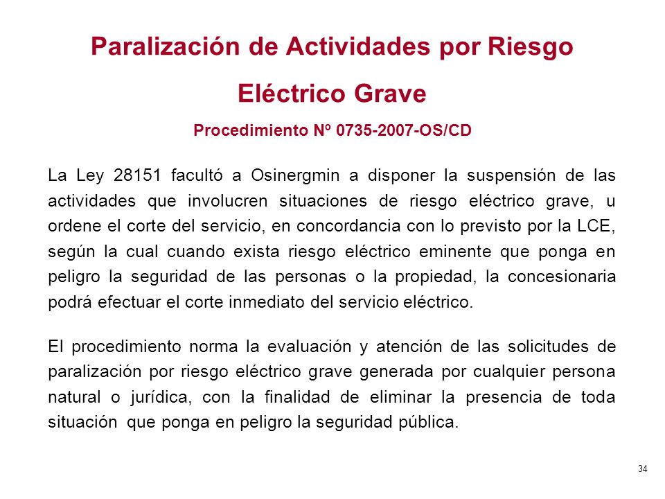 Paralización de Actividades por Riesgo Eléctrico Grave Procedimiento Nº OS/CD