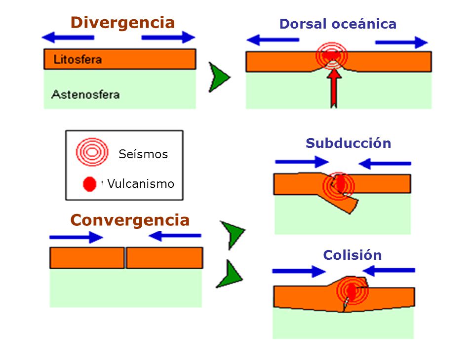 Divergencia Convergencia Dorsal oceánica Subducción Colisión Seísmos