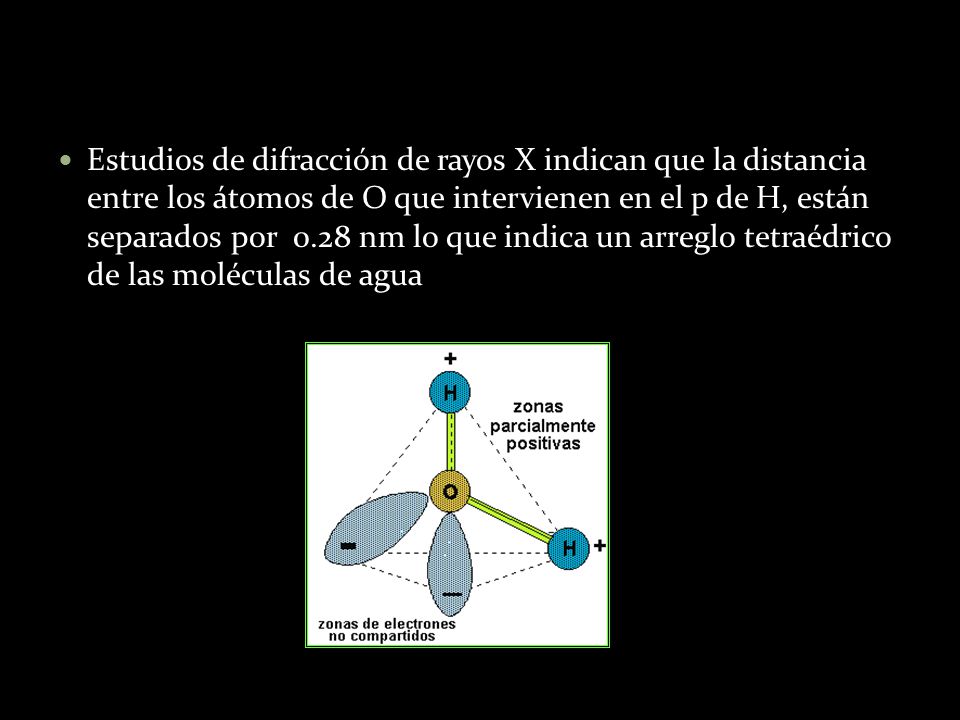 Estudios de difracción de rayos X indican que la distancia entre los átomos de O que intervienen en el p de H, están separados por 0.28 nm lo que indica un arreglo tetraédrico de las moléculas de agua