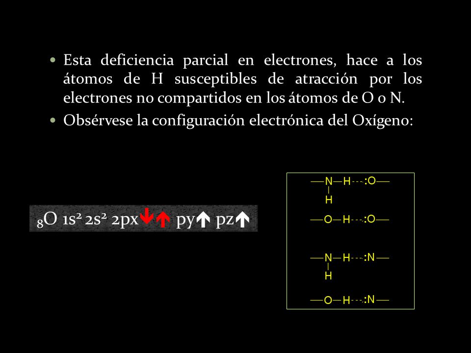 Esta deficiencia parcial en electrones, hace a los átomos de H susceptibles de atracción por los electrones no compartidos en los átomos de O o N.
