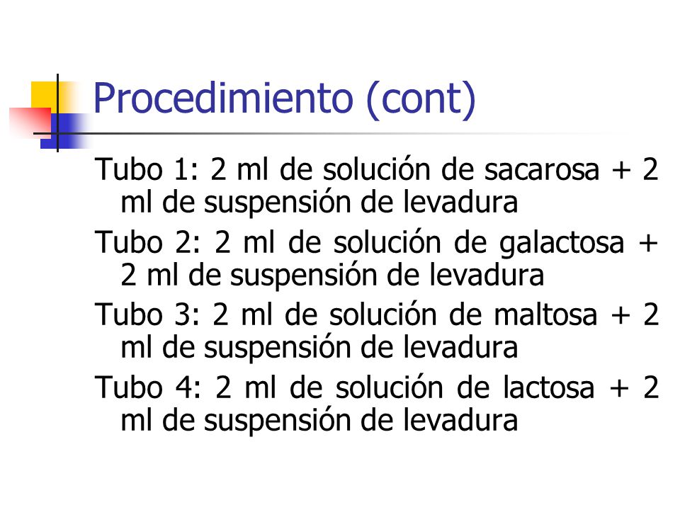Procedimiento (cont) Tubo 1: 2 ml de solución de sacarosa + 2 ml de suspensión de levadura.