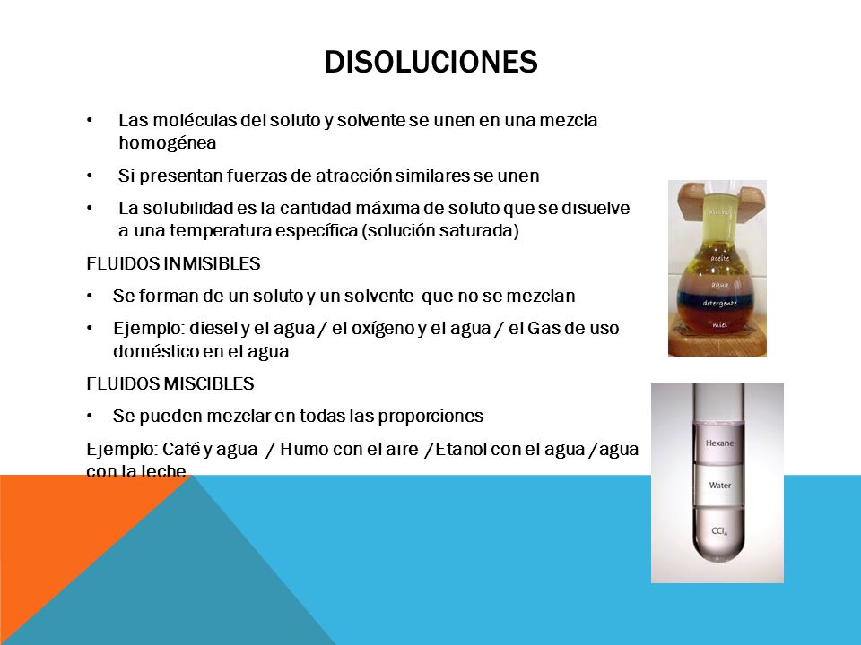 disoluciones Las moléculas del soluto y solvente se unen en una mezcla homogénea. Si presentan fuerzas de atracción similares se unen.