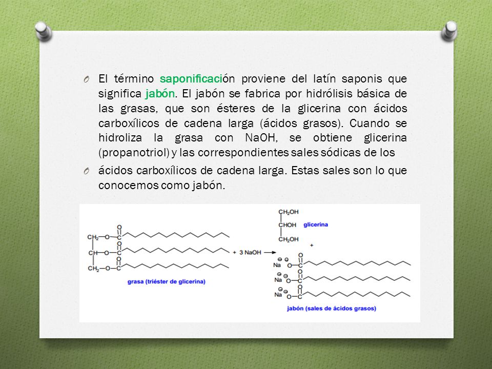 El término saponificación proviene del latín saponis que significa jabón. El jabón se fabrica por hidrólisis básica de las grasas, que son ésteres de la glicerina con ácidos carboxílicos de cadena larga (ácidos grasos). Cuando se hidroliza la grasa con NaOH, se obtiene glicerina (propanotriol) y las correspondientes sales sódicas de los