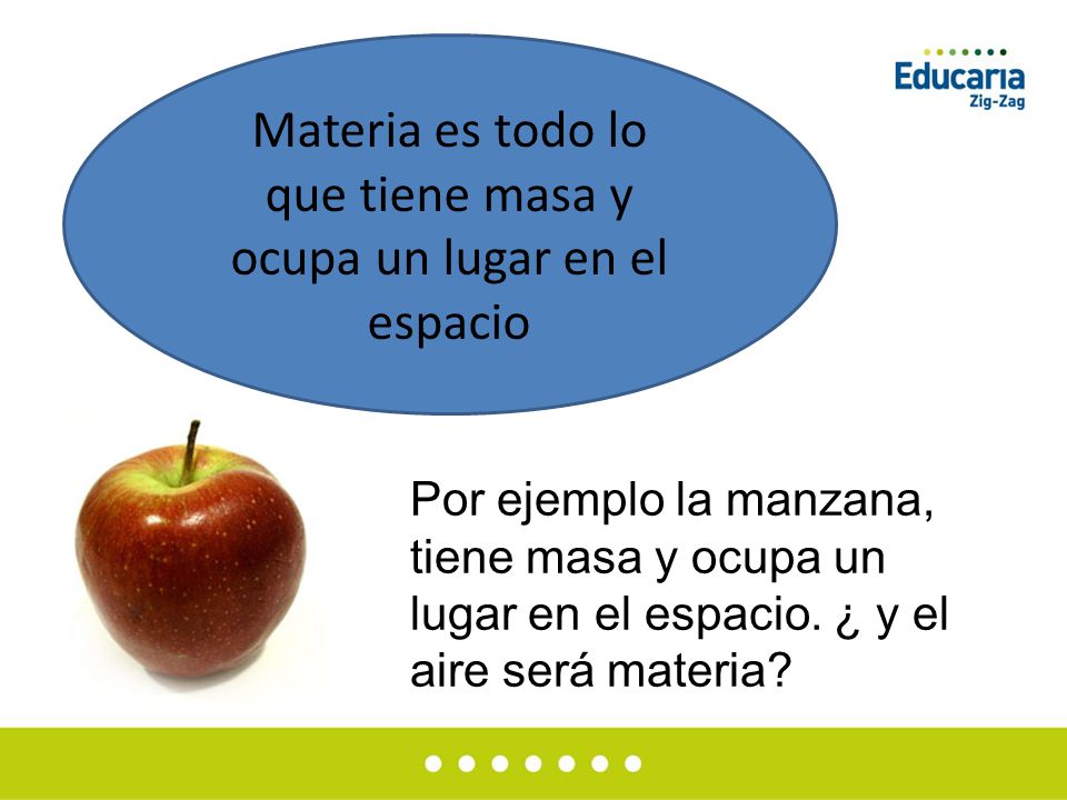 Materia es todo lo que tiene masa y ocupa un lugar en el espacio