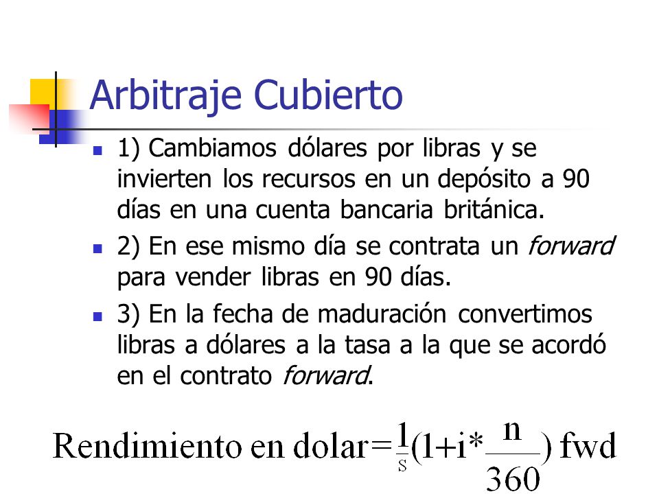 Arbitraje Cubierto 1) Cambiamos dólares por libras y se invierten los recursos en un depósito a 90 días en una cuenta bancaria británica.