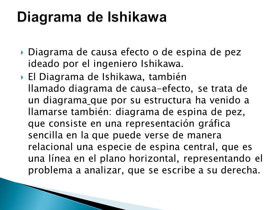 Diagrama de Ishikawa Diagrama de causa efecto o de espina de pez ideado por el ingeniero Ishikawa.