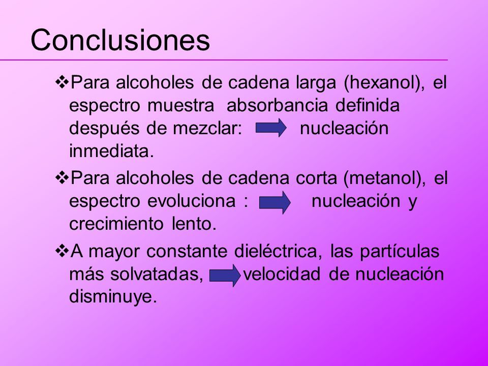 Conclusiones Para alcoholes de cadena larga (hexanol), el espectro muestra absorbancia definida después de mezclar: nucleación inmediata.