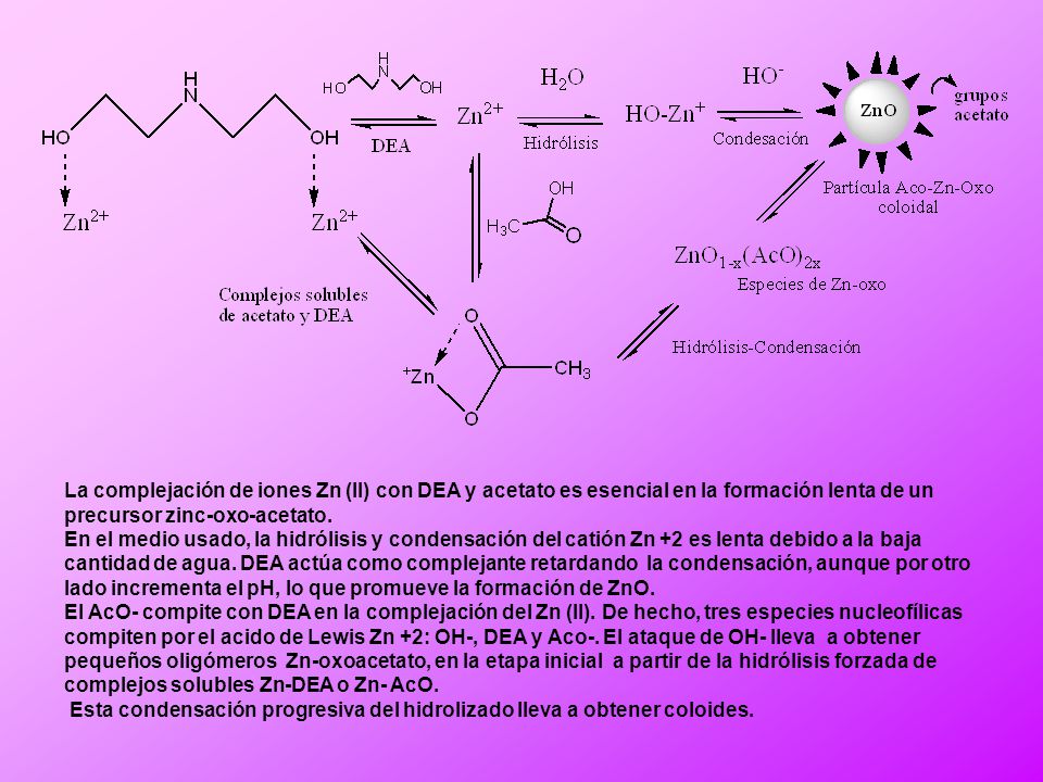 La complejación de iones Zn (II) con DEA y acetato es esencial en la formación lenta de un precursor zinc-oxo-acetato.