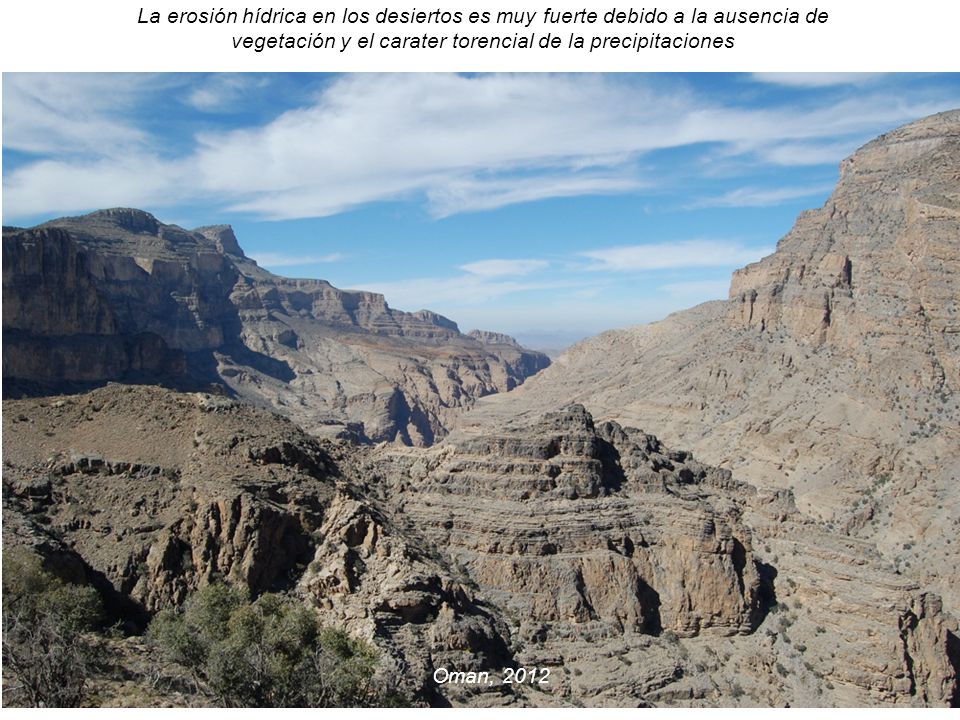 La erosión hídrica en los desiertos es muy fuerte debido a la ausencia de vegetación y el carater torencial de la precipitaciones
