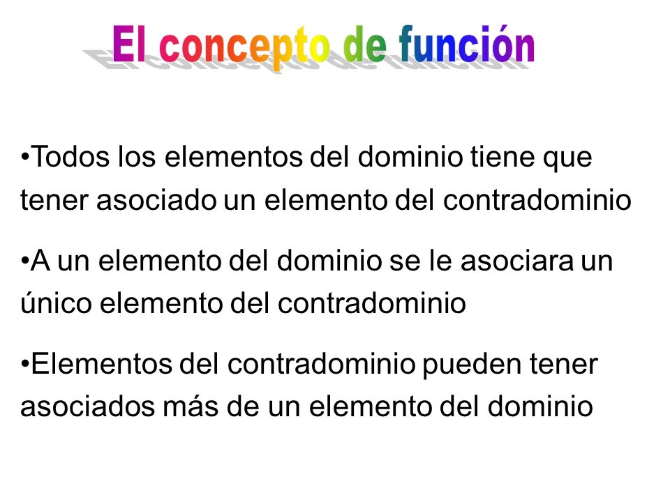 El concepto de función Todos los elementos del dominio tiene que tener asociado un elemento del contradominio.