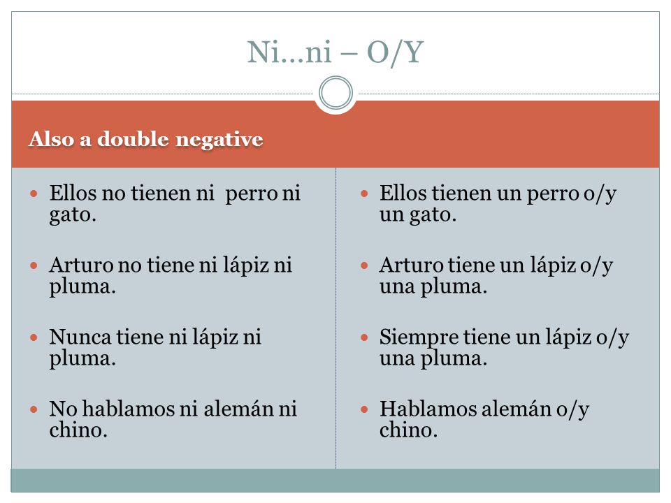 Ni…ni – O/Y Ellos no tienen ni perro ni gato.