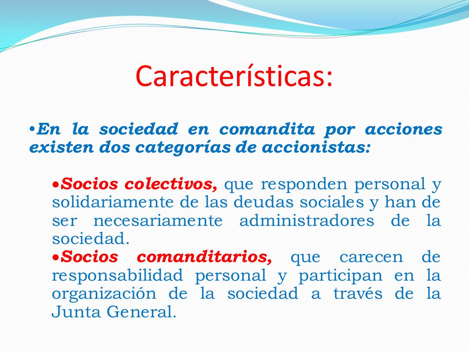 Características: En la sociedad en comandita por acciones existen dos categorías de accionistas: