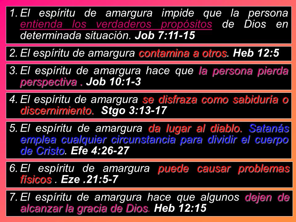 El espíritu de amargura impide que la persona entienda los verdaderos propósitos de Dios en determinada situación. Job 7:11-15