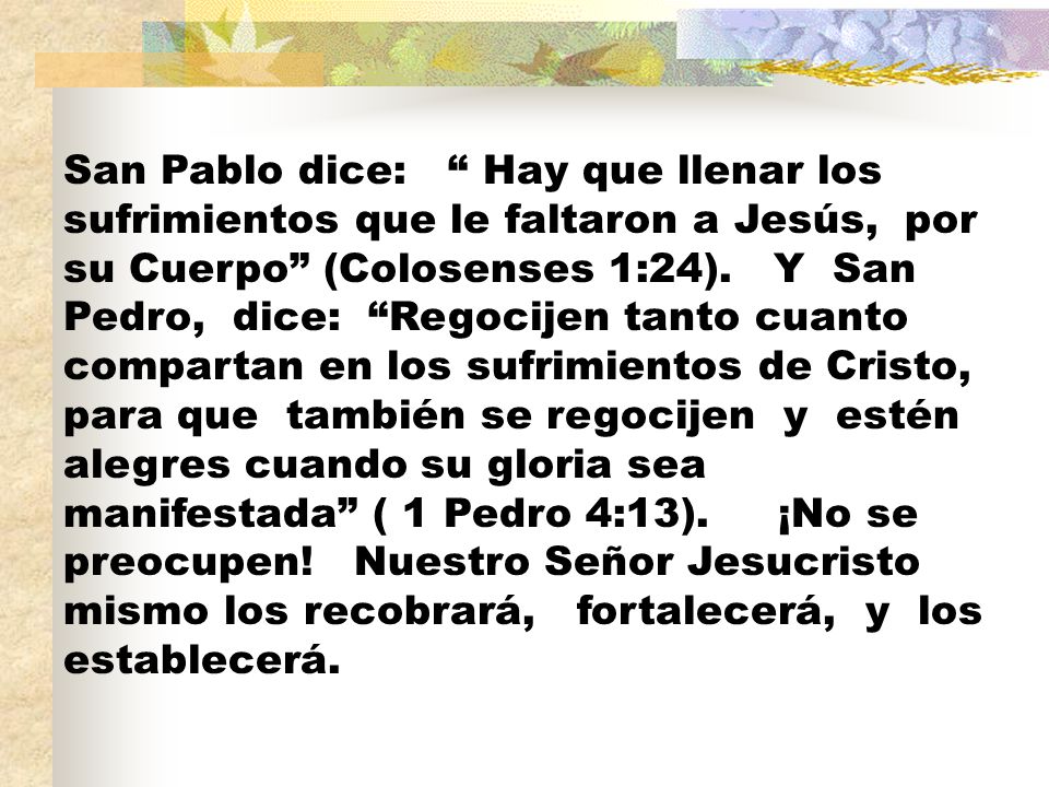 San Pablo dice: Hay que llenar los sufrimientos que le faltaron a Jesús, por su Cuerpo (Colosenses 1:24).