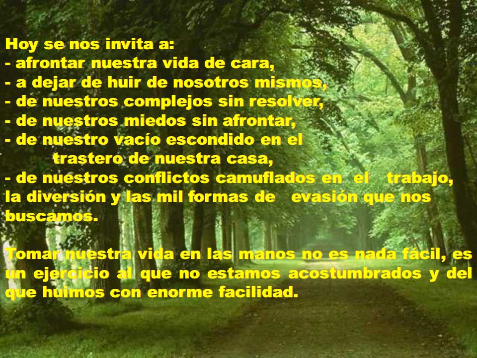 Hoy se nos invita a: - afrontar nuestra vida de cara, a dejar de huir de nosotros mismos, de nuestros complejos sin resolver,