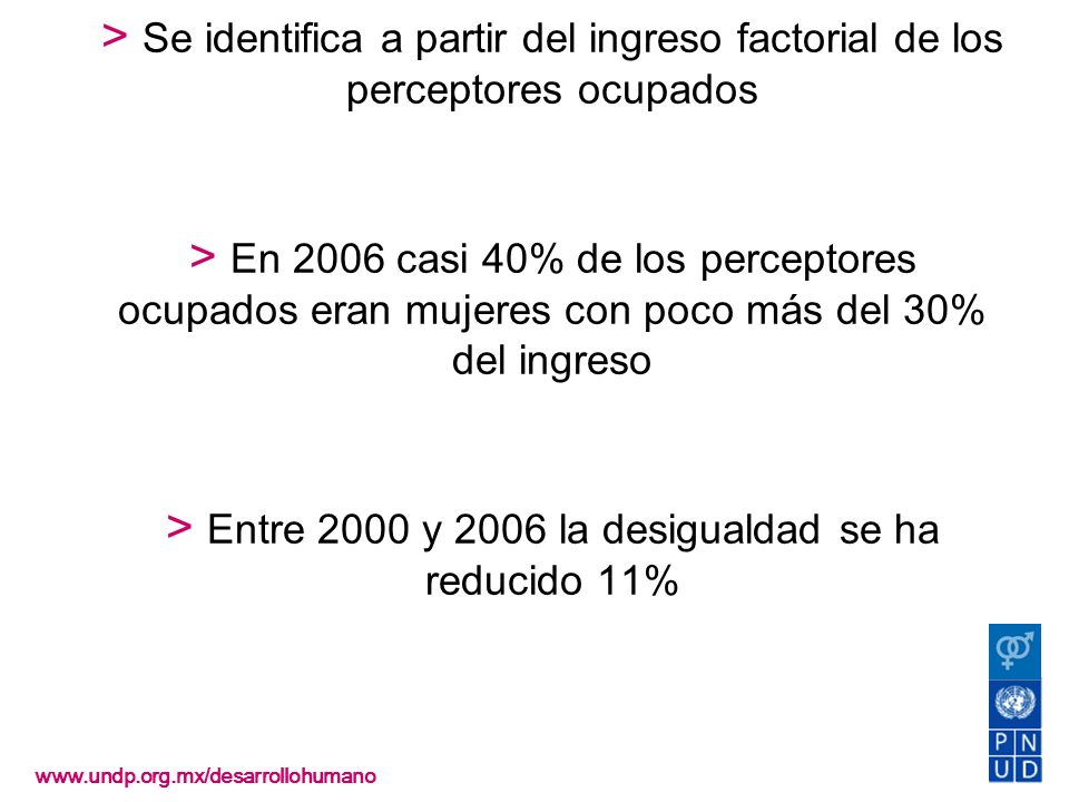 Desigualdad > Se identifica a partir del ingreso factorial de los perceptores ocupados > En 2006 casi 40% de los perceptores ocupados eran mujeres con poco más del 30% del ingreso > Entre 2000 y 2006 la desigualdad se ha reducido 11%